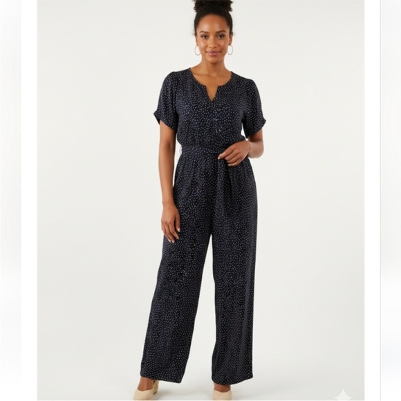 J. Jill 2X Navy Blue Polka Dot Wide Leg Belted Jumpsuit - Picture 2 of 12